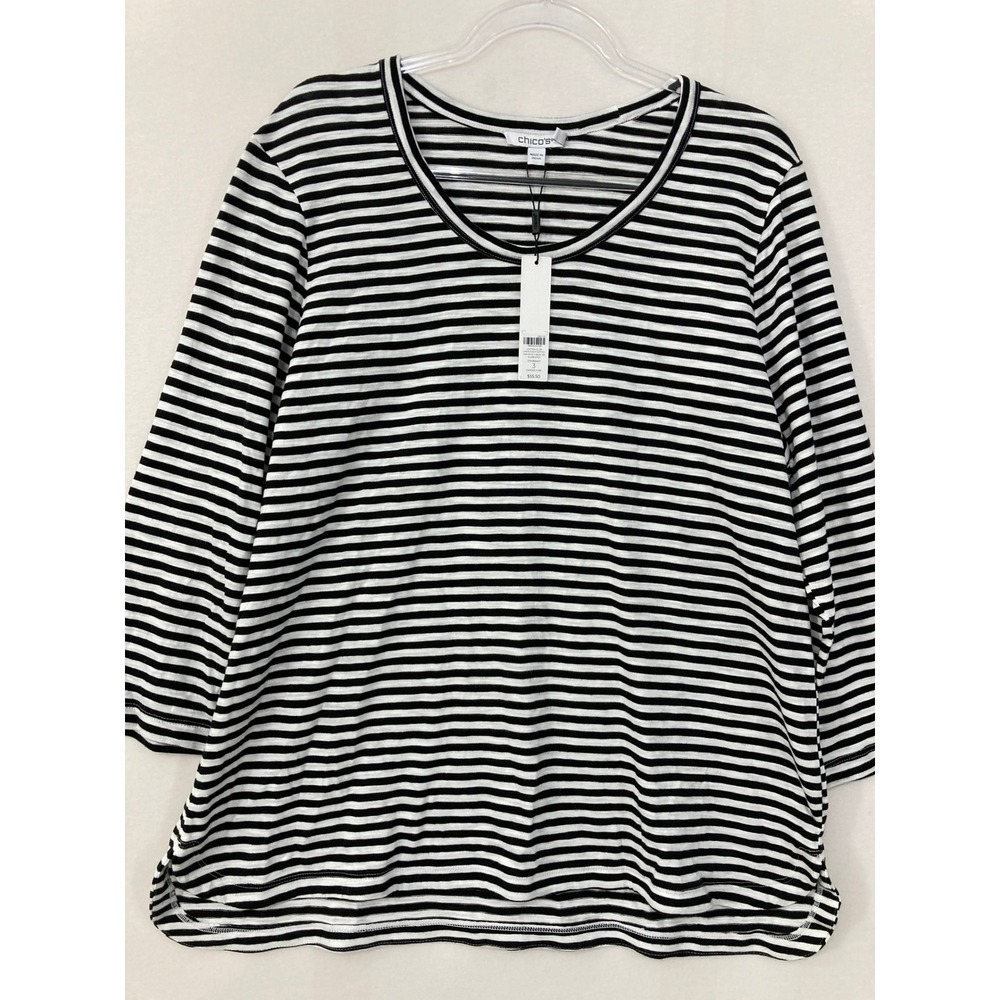 New Chico's Cotton Slub Stripe Crew Neck Stretch Knit 3/4 Sleeve Casual Comfy